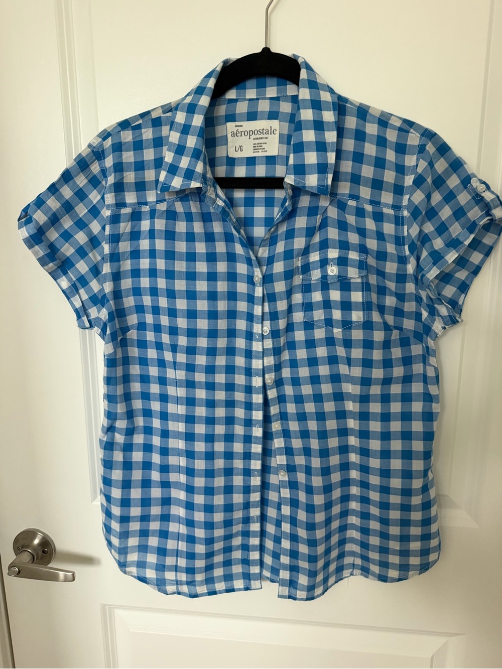 Aeropostale Blue and White Gingham Short-Sleeve Button-Down Shirt